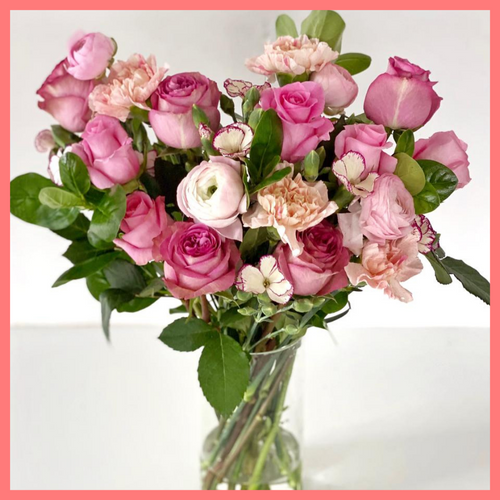 Order The Hillery Flower Bouquet from our Spring Collection! The Hillery bouquet includes mixed stems of light pink roses, light pink ranunculus, brilliantina, light pink carnations, and solomio. The flowers will be shipped directly from the farm to you!