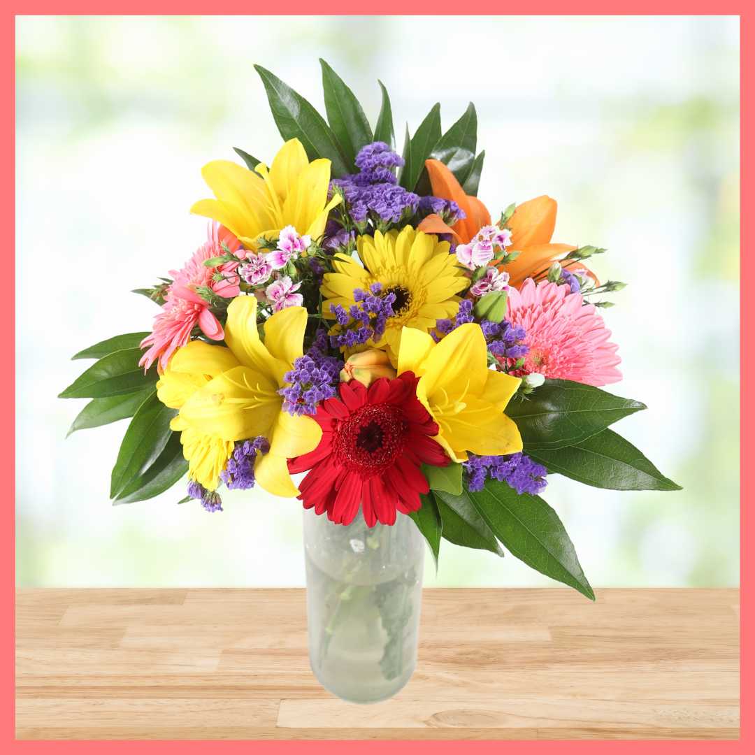 The Be My Baby bouquet includes mixed stems of lilies, gerbera daisies, pompons, photinia, and brillantina! Please note that as flowers are a live product, colors, and varieties may slightly vary from the photos shown to provide you with the freshest and most beautiful bouquet.