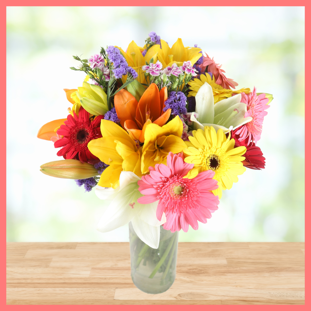 The Be My Baby bouquet includes mixed stems of lilies, gerbera daisies, pompons, photinia, and brillantina! Please note that as flowers are a live product, colors, and varieties may slightly vary from the photos shown to provide you with the freshest and most beautiful bouquet.