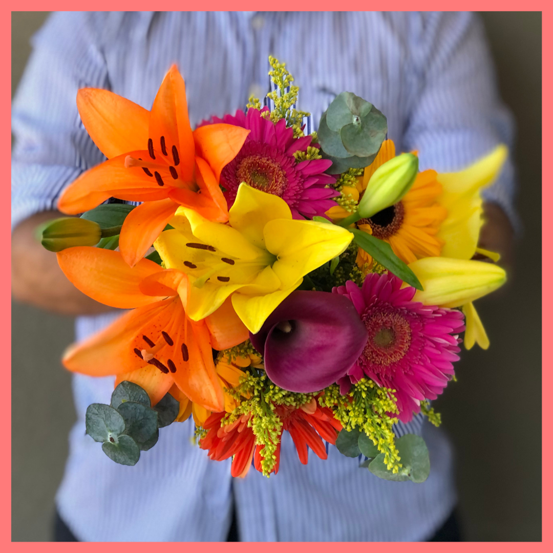 The Fall Breeze bouquet includes mixed stems of eucalyptus, lilies, gerbera daisies, mini calla lilies, and aster! Please note that as flowers are a live product, colors, and varieties may slightly vary from the photos shown to provide you with the freshest and most beautiful bouquet.