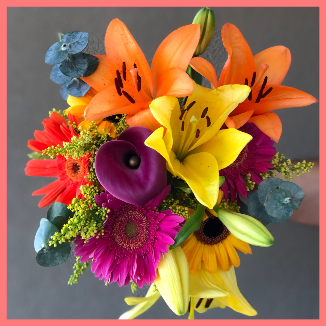 The Fall Breeze bouquet includes mixed stems of eucalyptus, lilies, gerbera daisies, mini calla lilies, and aster! Please note that as flowers are a live product, colors, and varieties may slightly vary from the photos shown to provide you with the freshest and most beautiful bouquet.