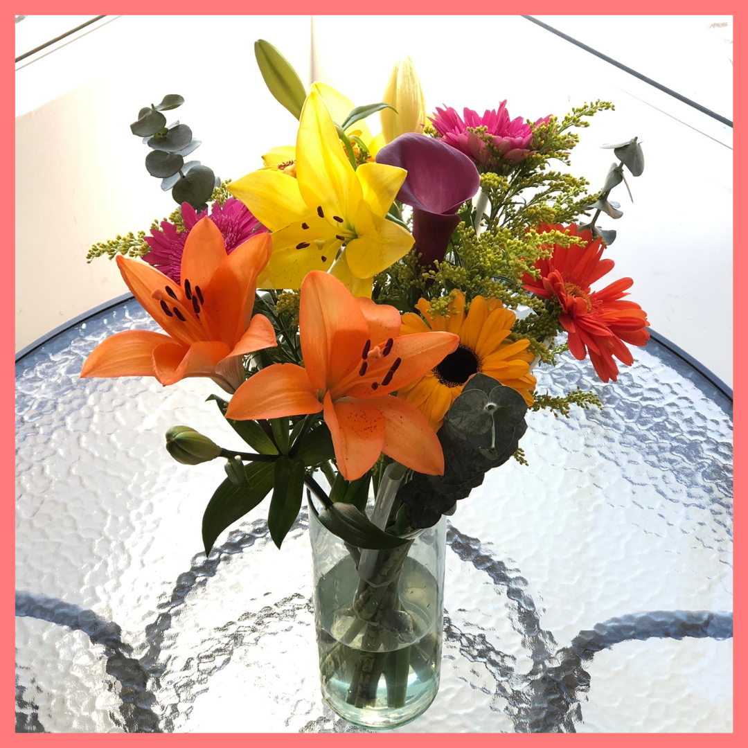 The Fall Breeze bouquet includes mixed stems of eucalyptus, lilies, gerbera daisies, mini calla lilies, and aster! Please note that as flowers are a live product, colors, and varieties may slightly vary from the photos shown to provide you with the freshest and most beautiful bouquet.