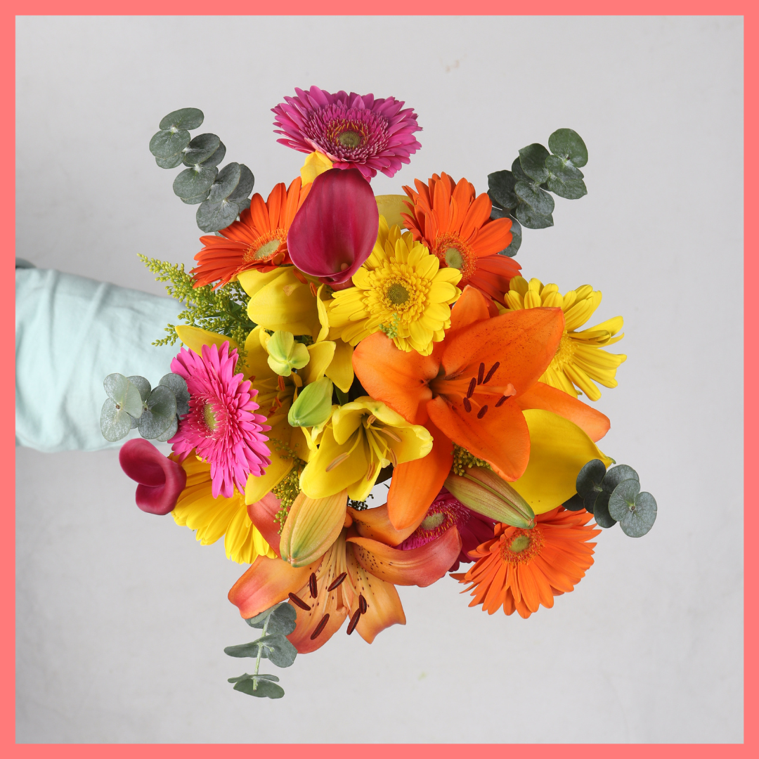 The Fall Breeze bouquet includes mixed stems of eucalyptus, lilies, gerbera daisies, mini calla lilies, and aster! Please note that as flowers are a live product, colors, and varieties may slightly vary from the photos shown to provide you with the freshest and most beautiful bouquet.