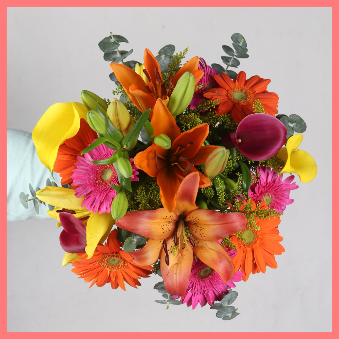 The Fall Breeze bouquet includes mixed stems of eucalyptus, lilies, gerbera daisies, mini calla lilies, and aster! Please note that as flowers are a live product, colors, and varieties may slightly vary from the photos shown to provide you with the freshest and most beautiful bouquet.