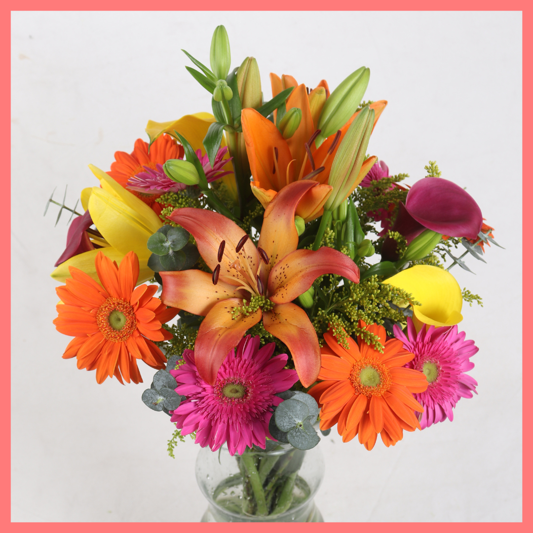 The Fall Breeze bouquet includes mixed stems of eucalyptus, lilies, gerbera daisies, mini calla lilies, and aster! Please note that as flowers are a live product, colors, and varieties may slightly vary from the photos shown to provide you with the freshest and most beautiful bouquet.