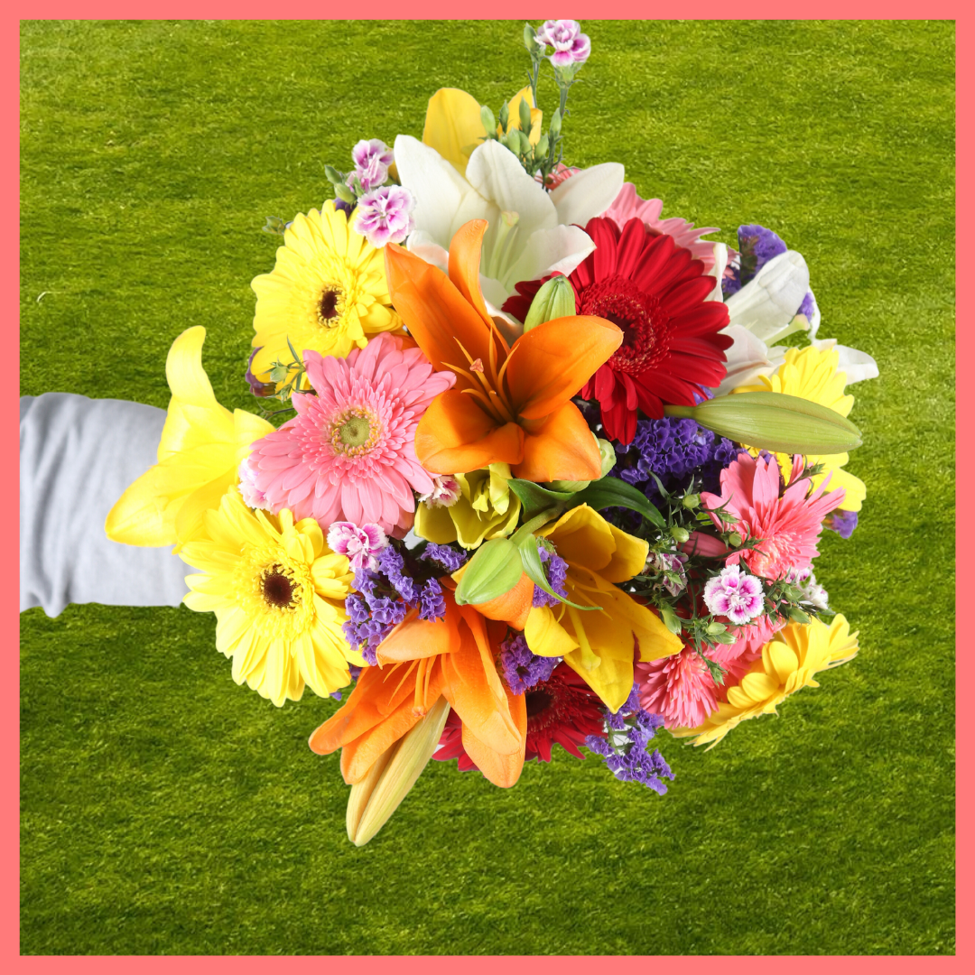 The Be My Baby bouquet includes mixed stems of lilies, gerbera daisies, pompons, photinia, and brillantina! Please note that as flowers are a live product, colors, and varieties may slightly vary from the photos shown to provide you with the freshest and most beautiful bouquet.