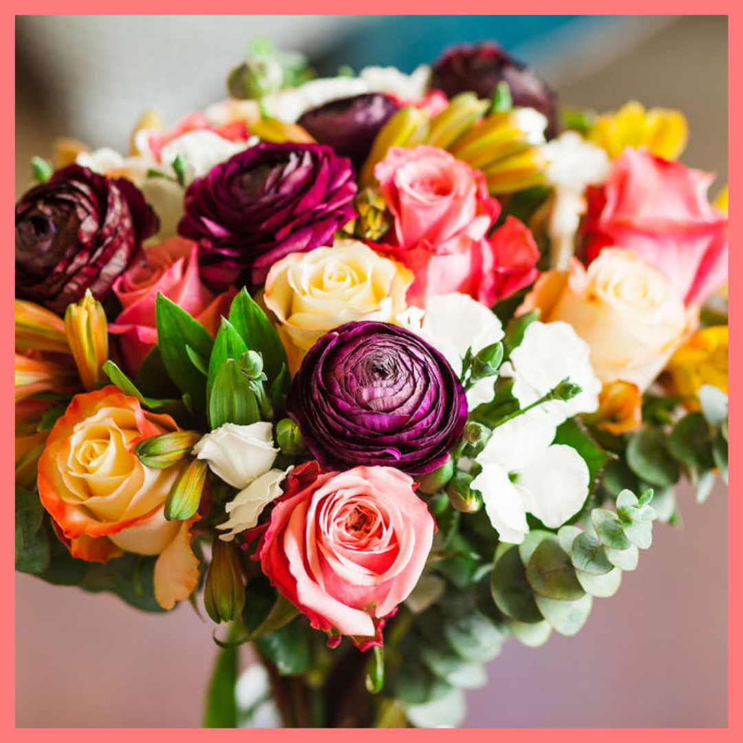 The Bundle of Joy flower bouquet includes mixed stems of ranunculus, roses, solomio, alstroemeria, and eucalyptus. Please note that as flowers are a live product, colors and varieties may slightly vary from the photos shown to provide you with the freshest and most beautiful bouquet.