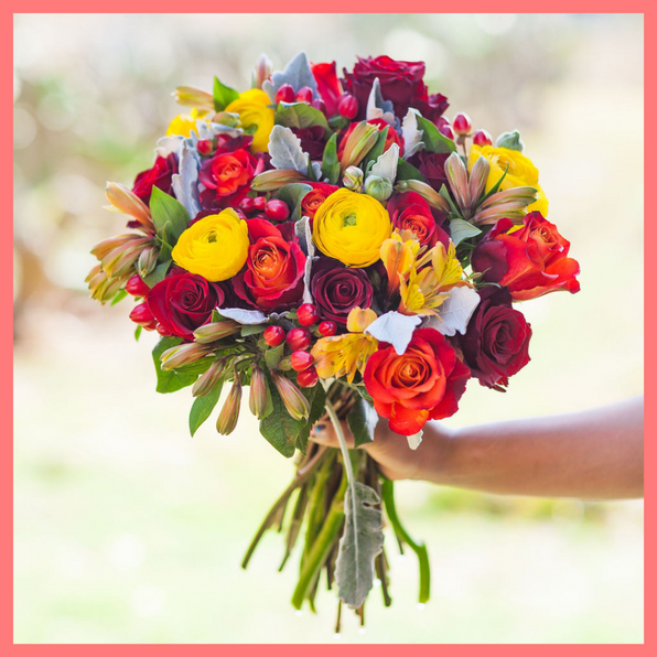 The I Leaf You flower bouquet includes mixed stems of roses, ranunculus, alstroemeria, hypericum, and dusty miller. Please note that as flowers are a live product, colors and varieties may slightly vary from the photos shown to provide you with the freshest and most beautiful bouquet.