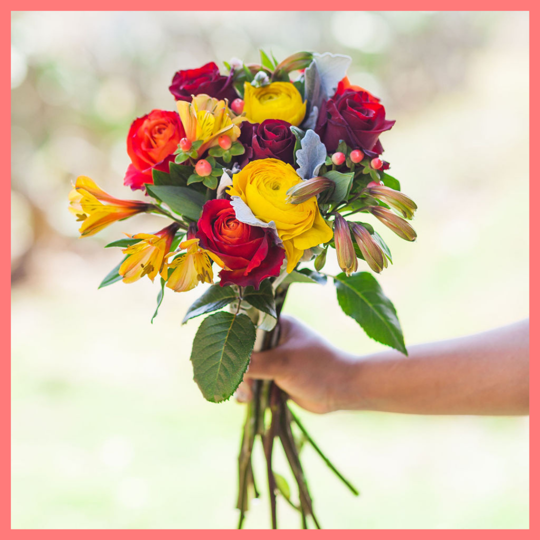 The I Leaf You flower bouquet includes mixed stems of roses, ranunculus, alstroemeria, hypericum, and dusty miller. Please note that as flowers are a live product, colors and varieties may slightly vary from the photos shown to provide you with the freshest and most beautiful bouquet.