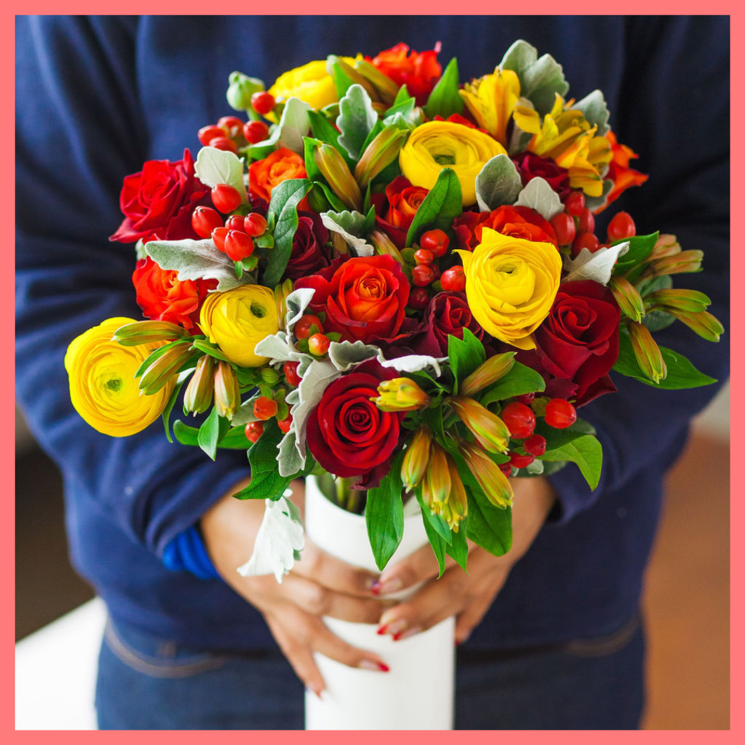 The I Leaf You flower bouquet includes mixed stems of roses, ranunculus, alstroemeria, hypericum, and dusty miller. Please note that as flowers are a live product, colors and varieties may slightly vary from the photos shown to provide you with the freshest and most beautiful bouquet.