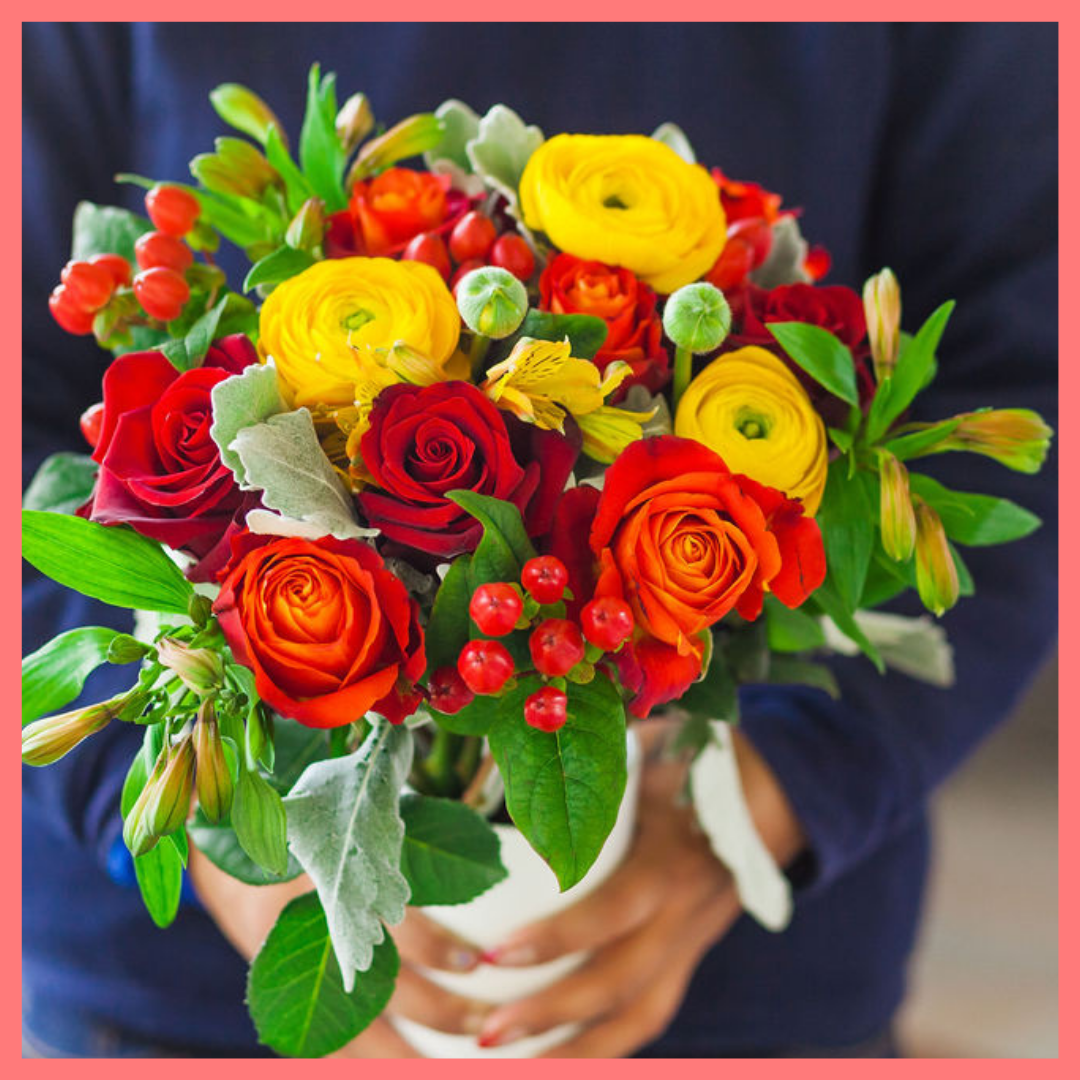 The I Leaf You flower bouquet includes mixed stems of roses, ranunculus, alstroemeria, hypericum, and dusty miller. Please note that as flowers are a live product, colors and varieties may slightly vary from the photos shown to provide you with the freshest and most beautiful bouquet.