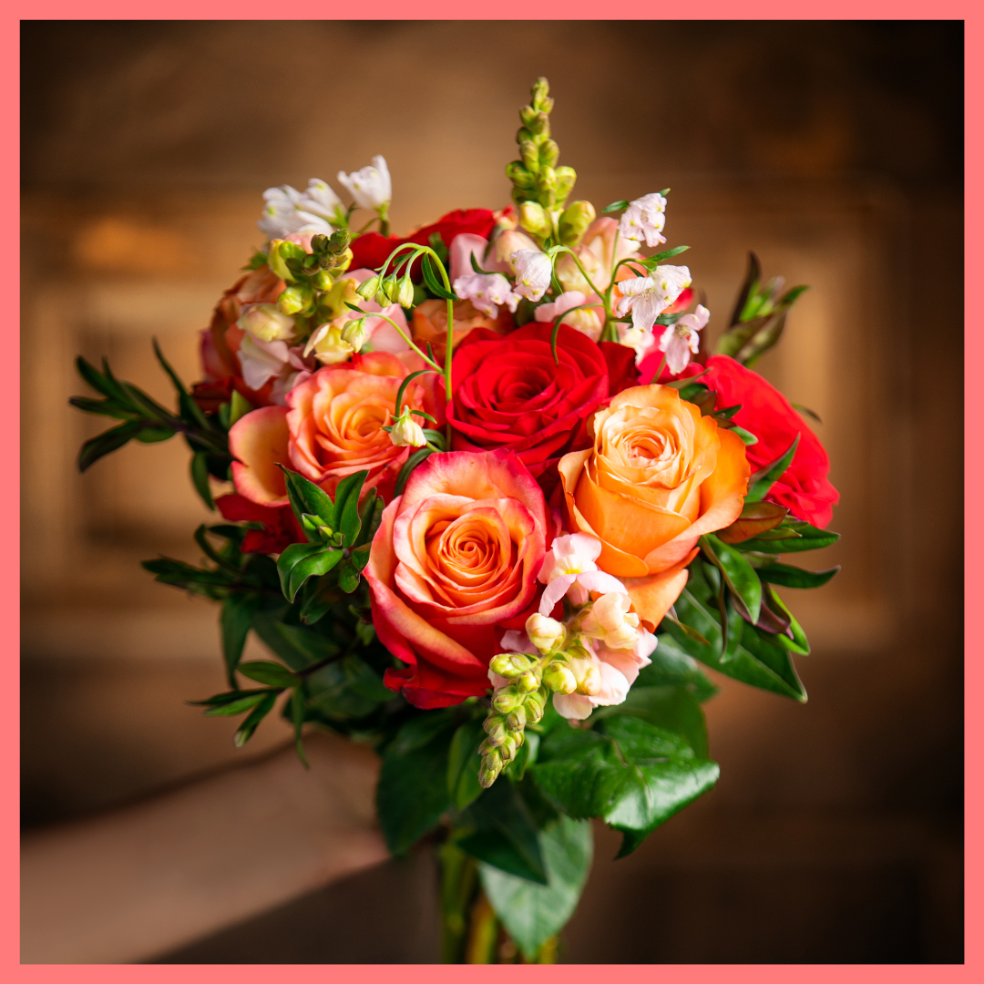 The Oh My Darling bouquet includes mixed stems of roses, anemone, snapdragon, solomio, delphinium, and hebes. Please note that as flowers are a live product, colors and varieties may slightly vary from the photos shown to provide you with the freshest and most beautiful bouquet.