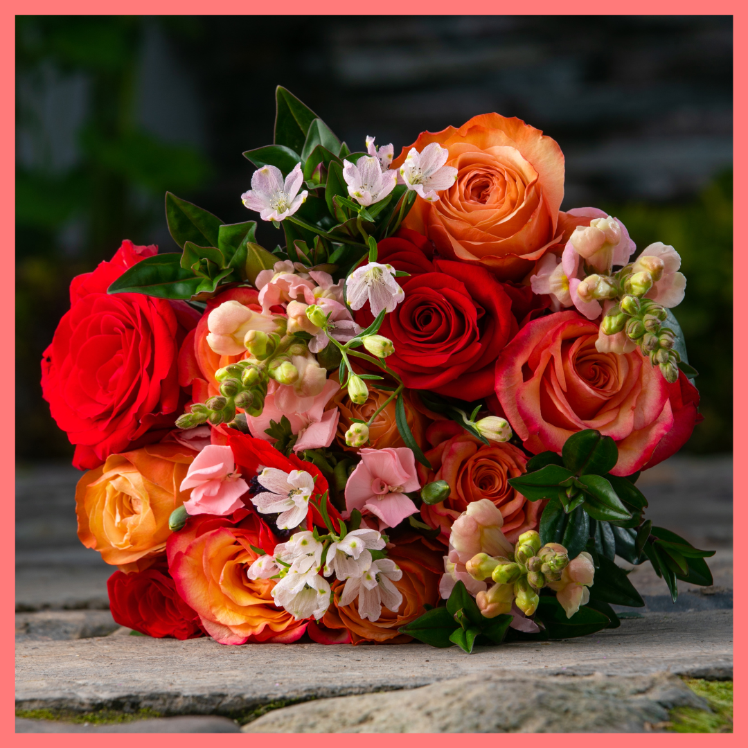 The Oh My Darling bouquet includes mixed stems of roses, anemone, snapdragon, solomio, delphinium, and hebes. Please note that as flowers are a live product, colors and varieties may slightly vary from the photos shown to provide you with the freshest and most beautiful bouquet.