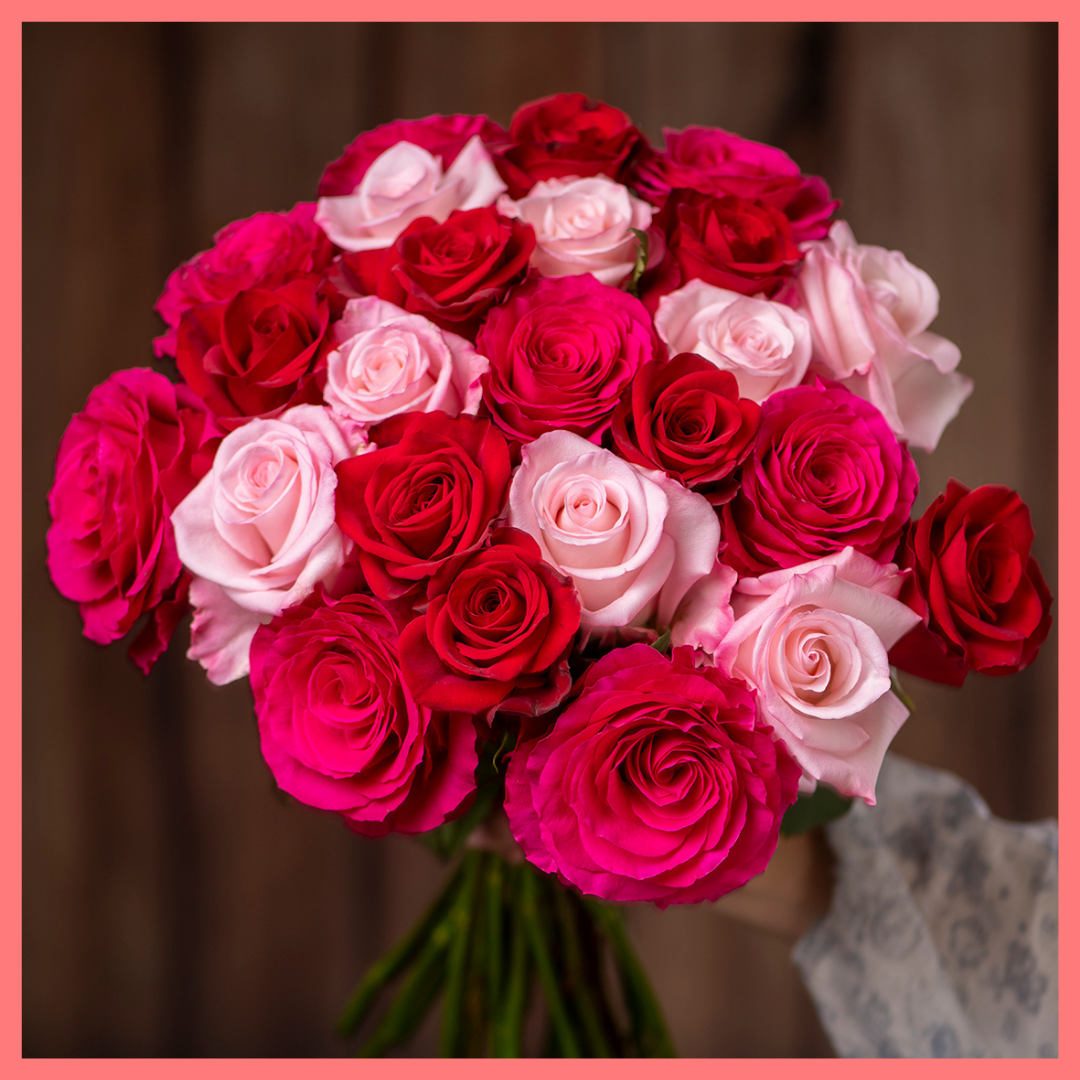 The Roses on Roses on Roses Valentine's Day rose bouquet includes 24 stems of roses. Please note that as flowers are a live product, colors and varieties may slightly vary from the photos shown to provide you with the freshest and most beautiful bouquet.