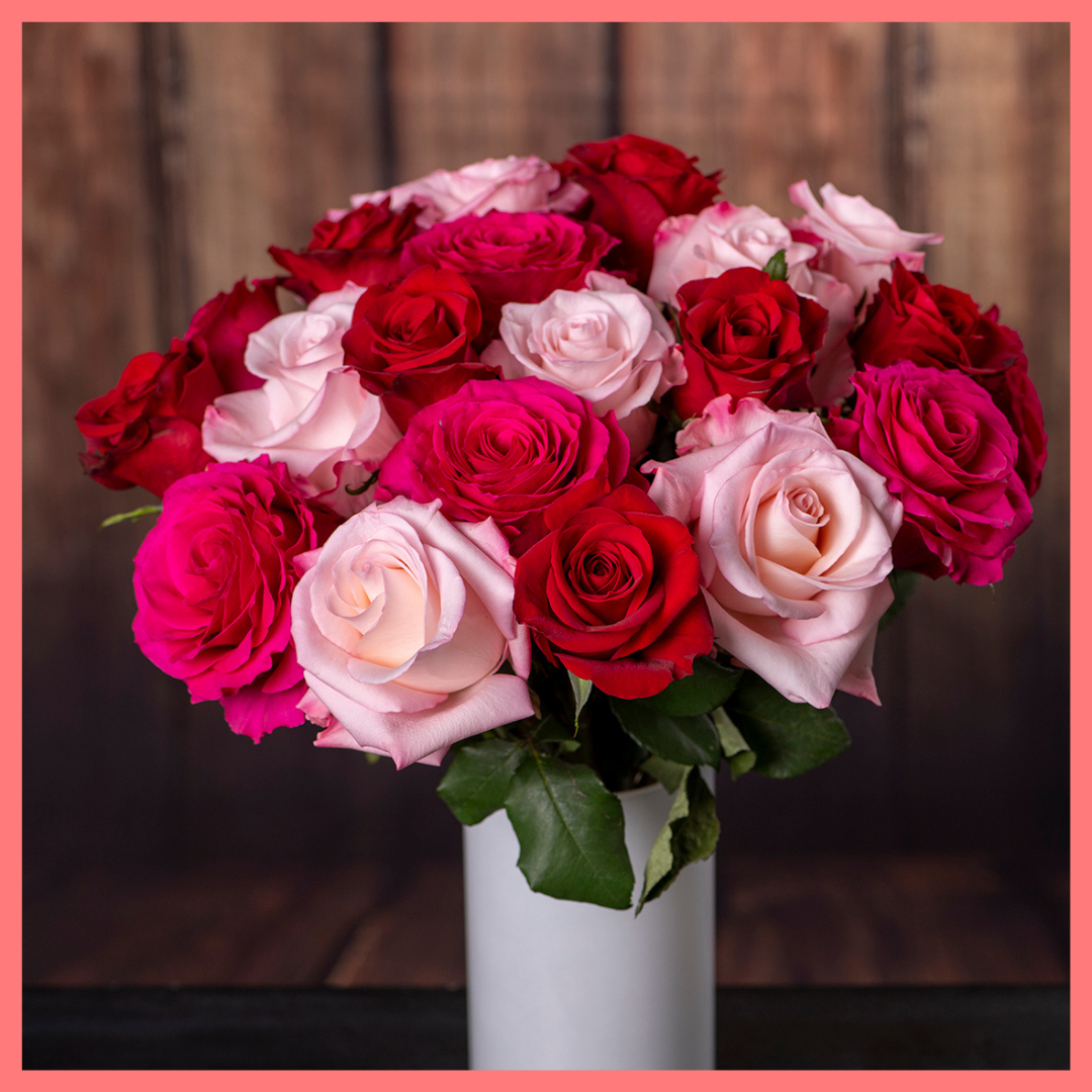 The Roses on Roses on Roses Valentine's Day rose bouquet includes 24 stems of roses. Please note that as flowers are a live product, colors and varieties may slightly vary from the photos shown to provide you with the freshest and most beautiful bouquet.