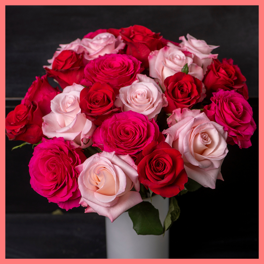 The Roses on Roses on Roses Valentine's Day rose bouquet includes 24 stems of roses. Please note that as flowers are a live product, colors and varieties may slightly vary from the photos shown to provide you with the freshest and most beautiful bouquet.