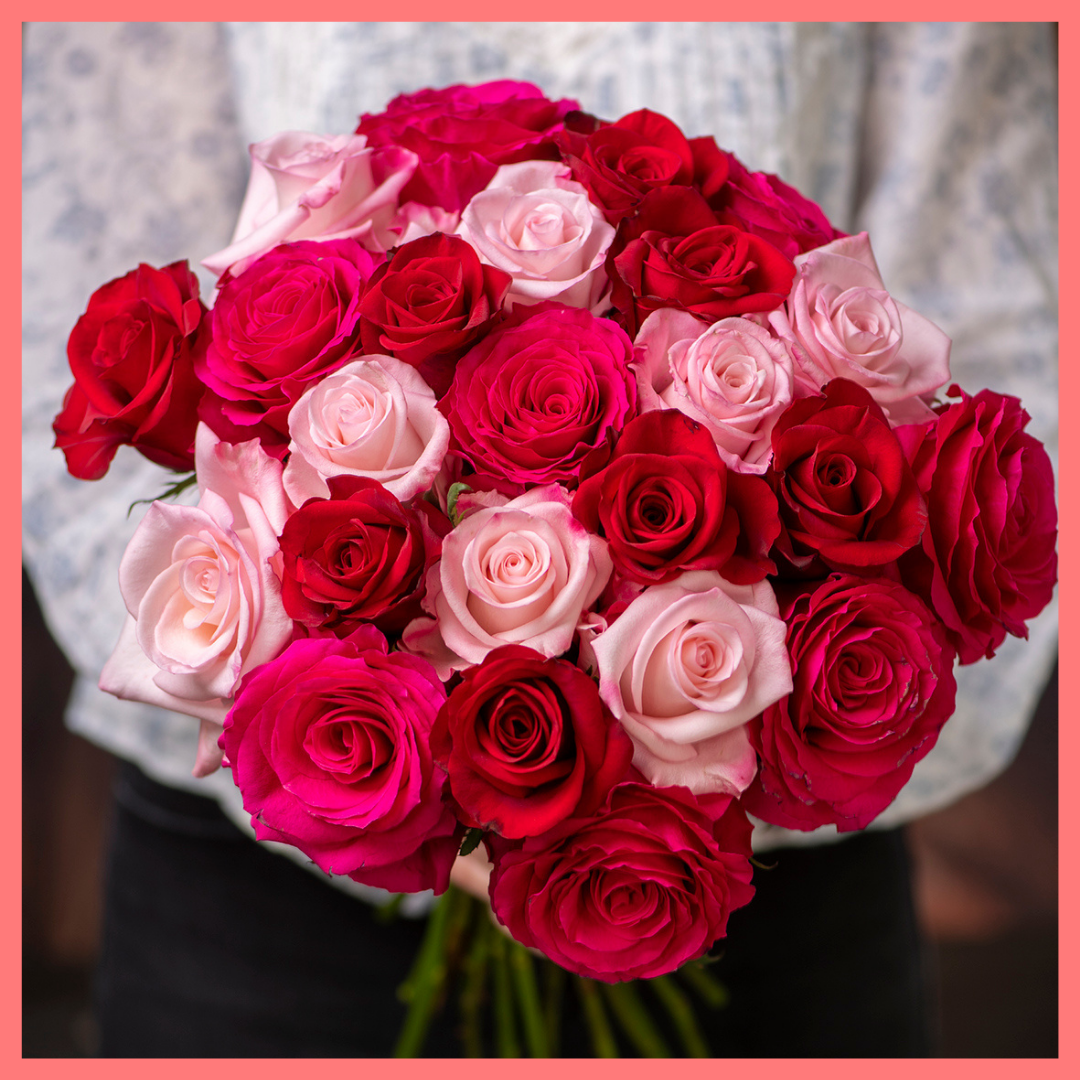 The Roses on Roses on Roses Valentine's Day rose bouquet includes 24 stems of roses. Please note that as flowers are a live product, colors and varieties may slightly vary from the photos shown to provide you with the freshest and most beautiful bouquet.