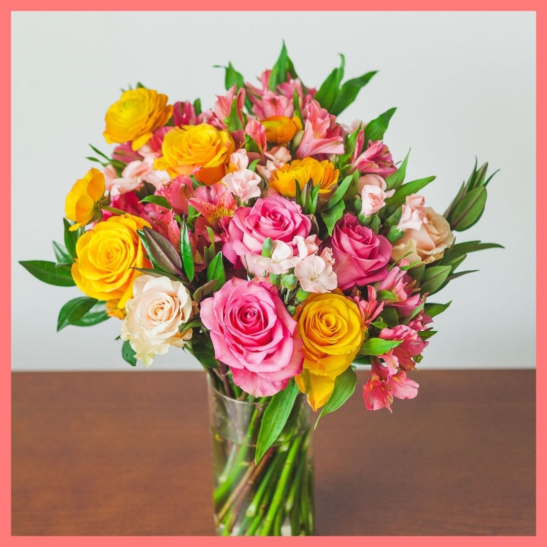 Order the Sahara Sunset flower bouquet. The Sahara Sunset bouquet includes mixed stems of roses, alstroemeria, ranunculus, solomio, and hebes. The flowers will be shipped directly from the farm to you!