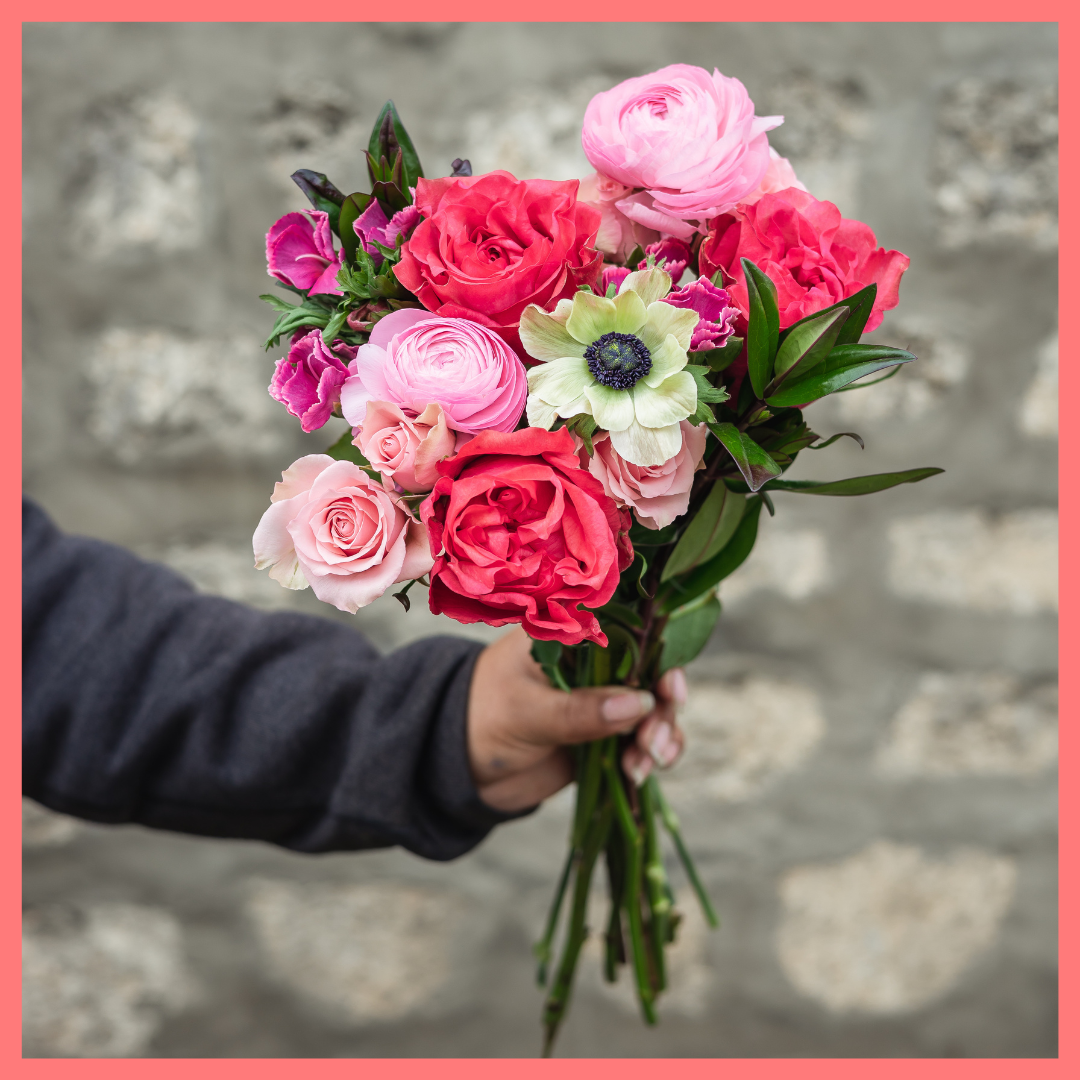 The Summer Romance bouquet includes mixed stems of anemone, ranunculus, roses, spray roses, hebes, and solomio. Please note that as flowers are a live product, colors and varieties may slightly vary from the photos shown to provide you with the freshest and most beautiful bouquet.