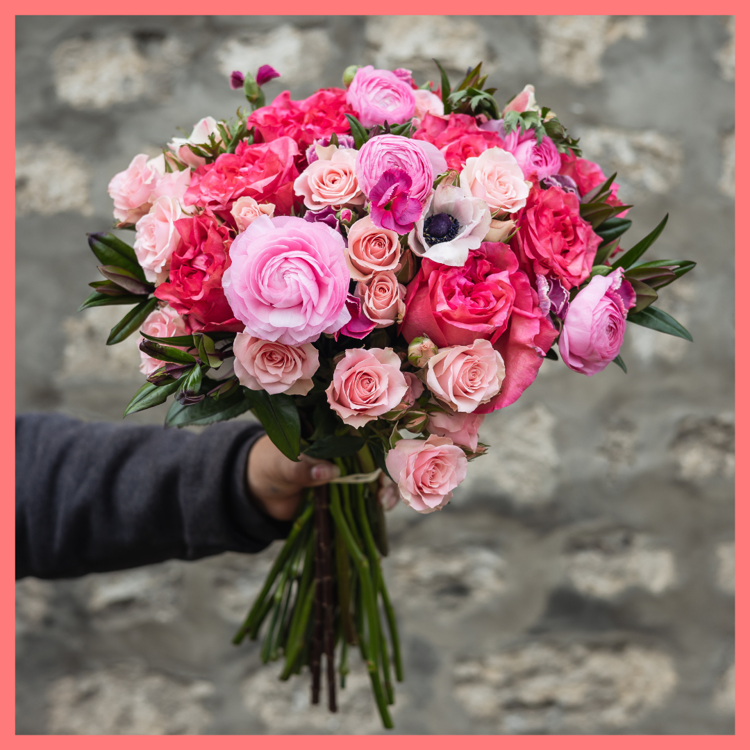 The Summer Romance bouquet includes mixed stems of anemone, ranunculus, roses, spray roses, hebes, and solomio. Please note that as flowers are a live product, colors and varieties may slightly vary from the photos shown to provide you with the freshest and most beautiful bouquet.